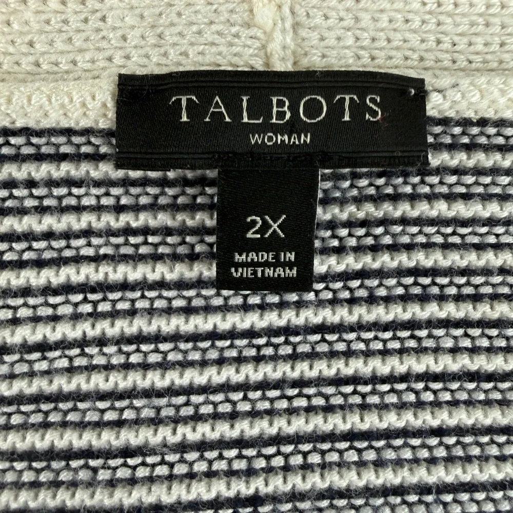 Talbots Sweater Women 2X Black White Striped V-Neck Knit Long Sleeve Trim